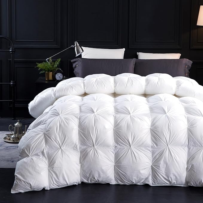 Three Geese Twin Size Pinch Pleat Duck Feather Down Fiber Comforter - All-Season Down Duvet Insert Fluffy Baffle Box Design with 8 Corner Loops for Warmth and Softness.