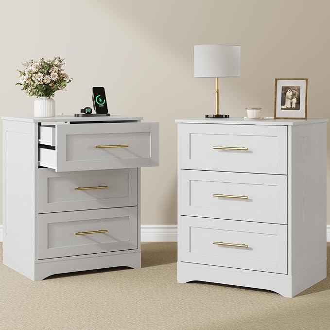 Modern Luxury Nightstand Set of 2 with Charging Station, Bedside Table with 4 Drawers, 26" H Night Stand for Bedroom, Home Office, White by Draelibor