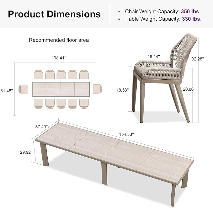 PURPLE LEAF 13 Pieces Patio Dining Set Aluminum Rectangular Table and Wicker Chairs with Cushions for Kitchen Porch Garden Modern Outdoor Furniture Sets, Champagne - Image 9
