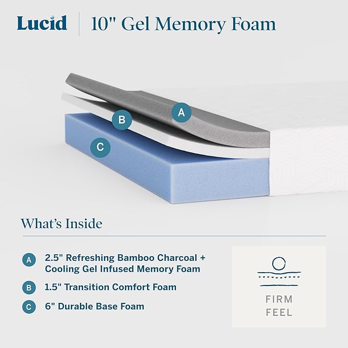 Lucid 10 Inch Memory Foam Mattress - Firm Feel - Infused with Refreshing Bamboo Charcoal and Cooling Gel - Bed in a Box - Temperature Regulating - Pressure Relief - Breathable - Queen Size