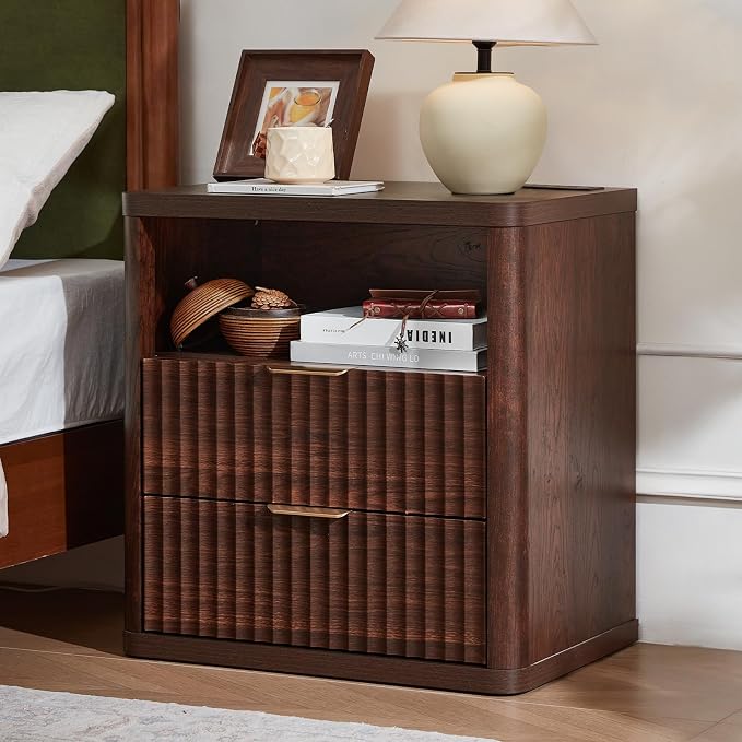 LEYAOYAO 23" Wide Fluted Night Stand with Charging Station, 2 Drawers Large End Table with Storage, Walnut Nightstand Wood Bedside Tables, Farmhouse Cabinet Dresser for Bedroom, Closet by LEYAOYAO-Findtheshiningpointofyourideallife%EF%BC%81