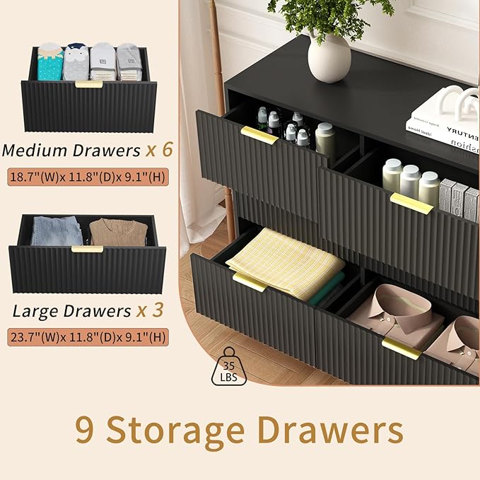 9 Drawer Dresser and Nightstand Sets for Bedroom, 3 Pcs Bedroom Set，Night Stand Set of 2 & 9 Drawer Dresser with Gold Handles, Modern Wood Chest of Drawers Storage Cabinet Set, Black