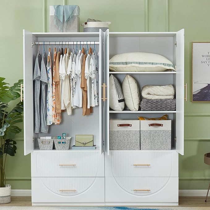 GraceGrove Wardrobe Closet Cabinet with 4 Drawers Large Wardrobe Closet with 4 Doors Ample Storage Capacity, Tall Wood Armoires and Wardrobes with Hanging Rail for Bedroom White