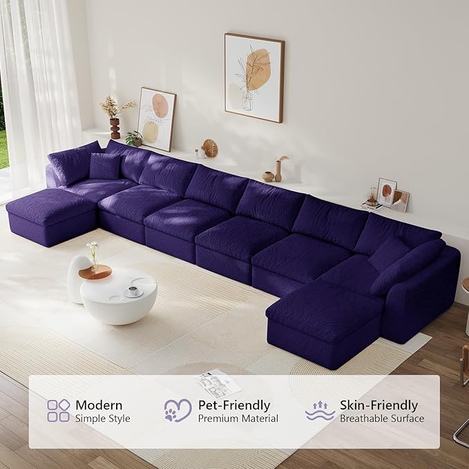 Modular Sectional Sofa Boneless Cloud Couch for Living Room, U Shape Deep Seat Recliner Sofa with Ottoman, Adjustable Backrest & 2 Throw Pillows - Covers Washable, (Purple, 6 Seater+2 Ottoman)