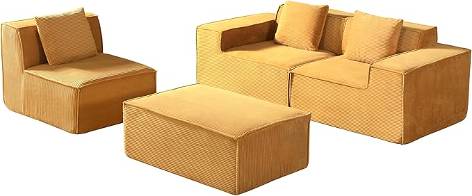 Compressed Sofa L Sectional, 112" Modular Cloud Couch with Ottoman, 23.2" Deep Seat Corduroy High-Back L-Shaped Sectional for Living Room/Bedroom, No Assembly, Ginger Yellow