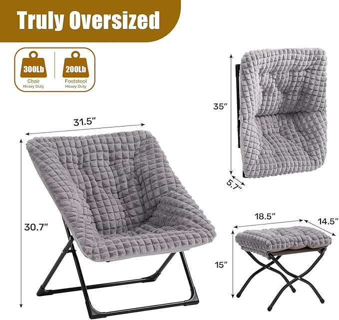 HollyHOME X-Large Saucer Chair with Foldable Ottoman, Comfy Oversized Folding Chair and Folding Footrest Stool Set, Faux-Fur Reading Chair and Footstool for Living Room, Blue&Grey Chair&Stool