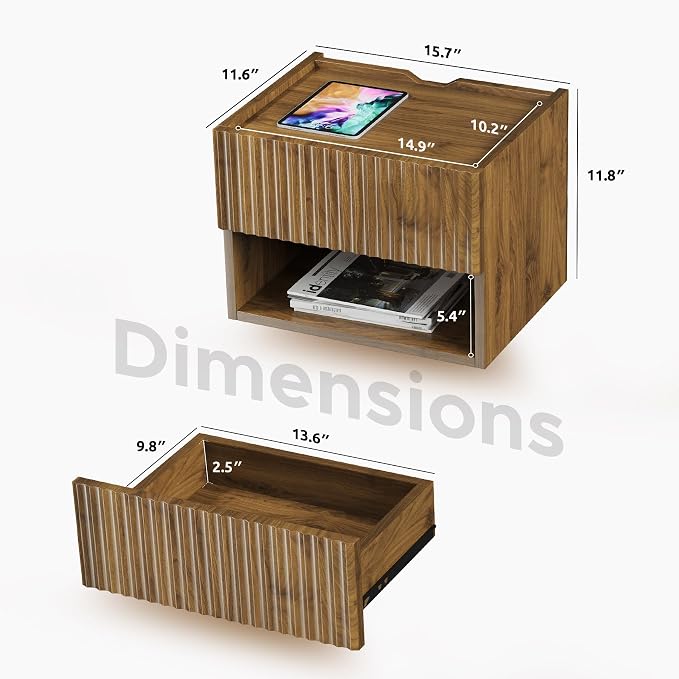 Floating Nightstand Bedroom Bedside Table - Floating Night Stand Set 2 for Small Spaces, Wall Mounted Cabinet with Storage Drawer, Brown Modern Night Stand for Dorm Hallway Entryway - Image 2