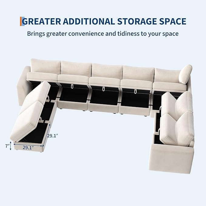 Sectional Couches for Living Room, Cloud Couch Sectional with Large Storage, l-Shape Modular Sectional Sofa with Ottoman (Beige 9-Seater)