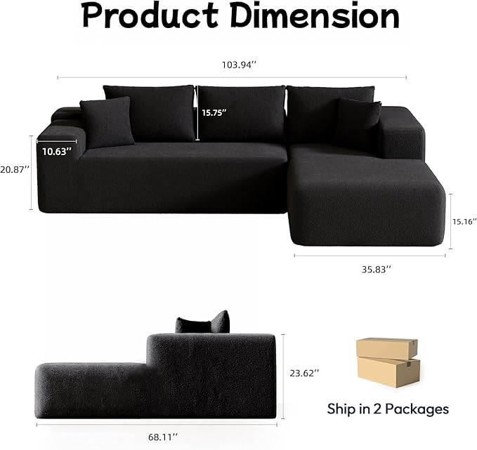 104” Sectional Cloud Couch, L-Shape Compressed Sofa with Left Chaise Lounge, Modern Modular Cloud Couches with 2 Pillows & Deep Seat, Rain Drop Velvet Floor Sofa for Living Room, Black