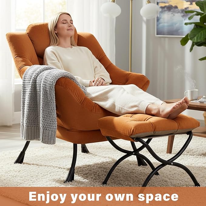 Lazy Chair and Ottoman, Large Accent Orange Velvet Chair with Side Pocket, Modern Leisure Upholstered Reading Armchair with Footrest for Office, Bedroom, Living Room, Dorm Rooms, Balcony