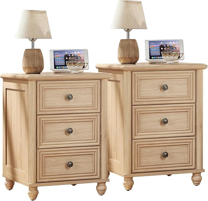 RWYHG 18" Farmhouse Night Stand Set of 2, Natural Wood Nightstand with 3 Drawers, Bedside End Table with Storage and Roman Column, Bed Side Tables Cabinet for Bedroom, Living Room, and Closet by RWYHG