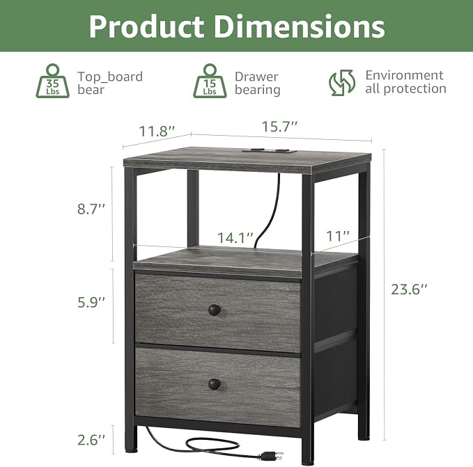 BOLUO Gray Nightstand with Charging Station, LED Night Stand with 2 Fabric Drawers, Bedside Table with USB Ports and Outlets, Nightstand for Bedroom Modern - Image 3
