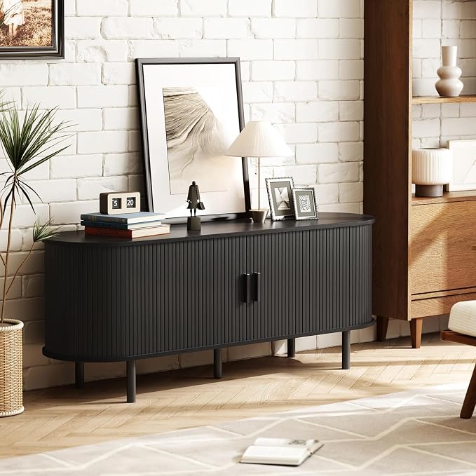 ONBRILL 55" TV Stand with Power Outlet for TVs up to 60 Inch, Entertainment Center with Storage and Adjustable Shelves, Modern Media Console with Sliding Doors for Living Room, Black - Image 8