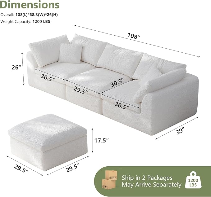 108" Modular Sectional Sofa Boneless Cloud Couch for Living Room, L Shape Deep Seat Recliner Sofa with Ottoman, Adjustable Backrest & 2 Throw Pillows - Covers Washable, (White, 3 Seater+1 Ottoman)