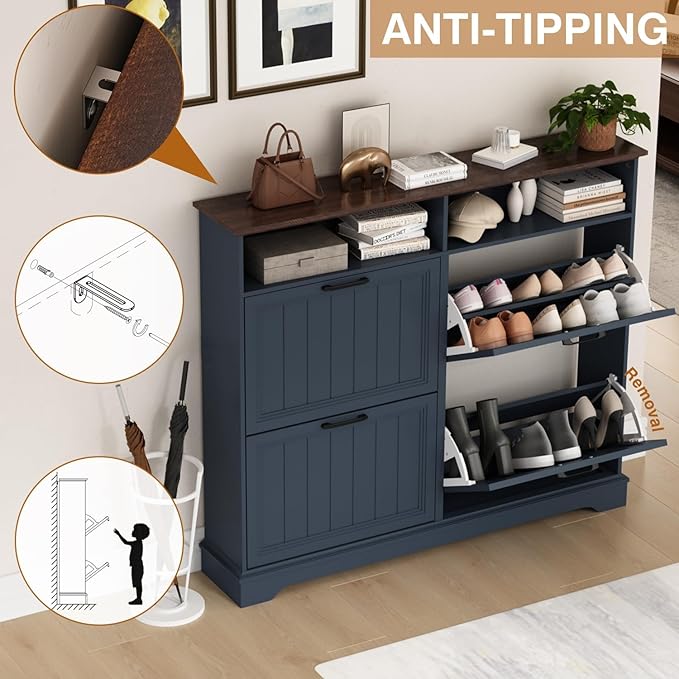 Shoe Storage Cabinet with 4 Flip Drawers, Farmhouse Modern Hidden Shoes Rack Cabinet with Adjustable Shelves & Open Storage, Narrow Slim Shoe Organizer for Front Door Entrance, Entryway, Navy Blue - Image 5