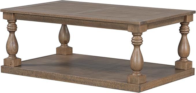 P PURLOVE Solid Wood Coffee Table, Modern Farmhouse Coffee Table/Center Table with Storage Rectangle for Living Room,Brown