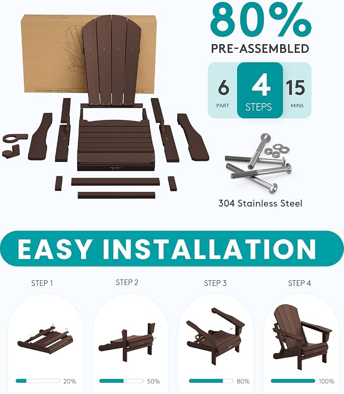SERWALL Folding Adirondack Chair Set of 2, All Weather Adirondack Chairs with Cup Holder for Patio Garden Outdoors Fire Pit - Coffee - Image 5