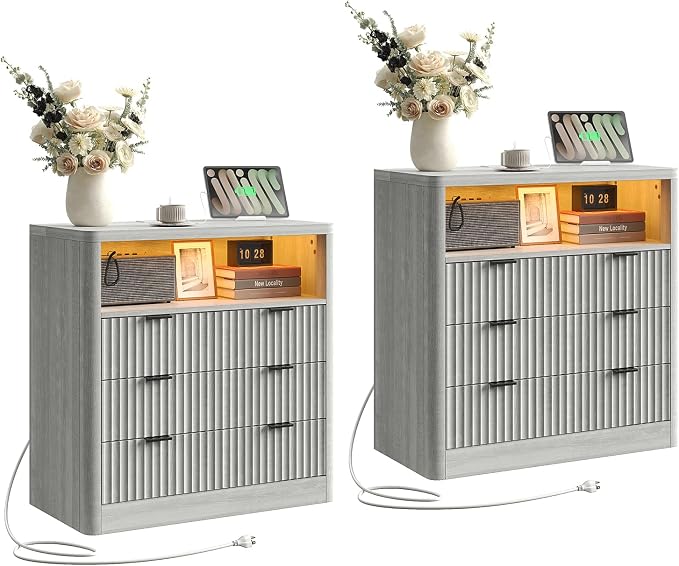 FUSOU Fluted Nightstands Set of 2, Night Stand with Charging Station and LED Lights, Modern Bedside Table with 3 Drawers and Open Shelf, End Table with Storage, Night Stand for Bedroom, Grey by FUSOU