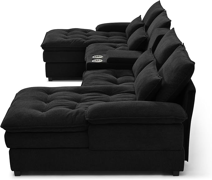 KEIKI U-Shaped 6 seat Sofa with Storage Console, Cup Holders, 130" Upholstered Sectional Sofa, Button Tufted Cloud Cushion Couch for Home, Office, Black