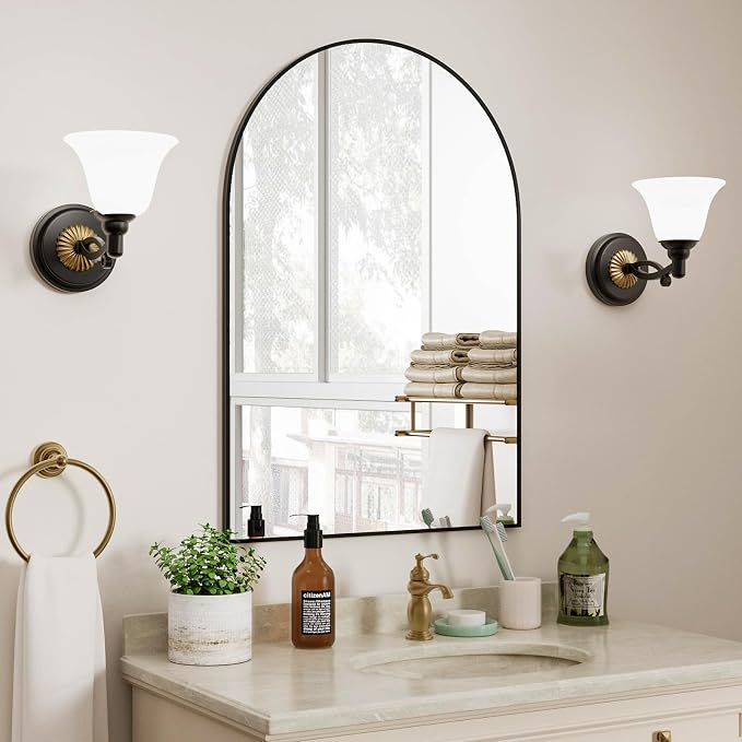 Rowjut Arched Wall Mirror 30"x20"Window Mirrors, Decorative Wall & Iron Framed Bathroom Mirror, Arched Top Wall Mirrors for Entryway. Living Room, Bedroom, Fireplace .（Black - Image 4