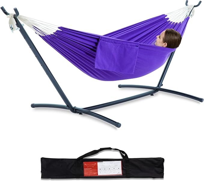 PNAEUT Double Hammocks with Stand for Outside, Portable Space Saving Heavy-Duty Steel Stand for Indoor Outdoor Patio with Carrying Bag, 450 lbs Capacity (Purple) by PNAEUT