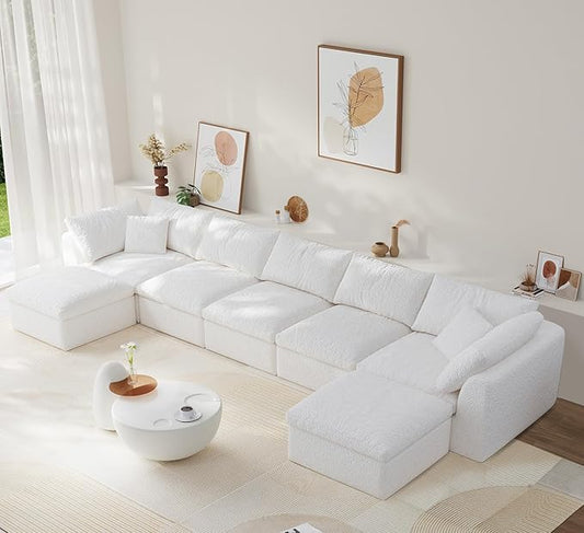Modular Sectional Sofa Boneless Cloud Couch for Living Room, U Shape Deep Seat Recliner Sofa with Ottoman, Adjustable Backrest & 2 Throw Pillows - Covers Washable, (White, 5 Seater+2 Ottoman)