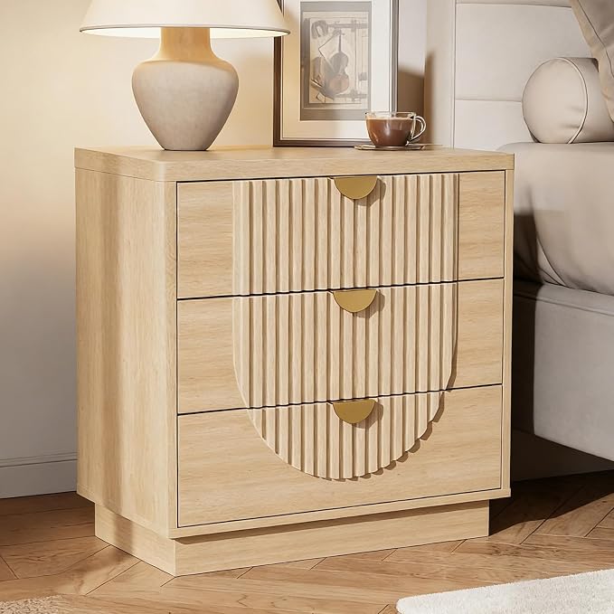 3 Drawer Nightstand with Charging Station,28" Fluted Night Stand & Modern Bedside Table, Wood End Table Storage Cabinet for Bedroom Hallway, Entryway,Caramel Brown Set of 2 - Image 7