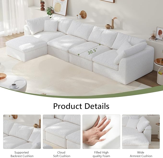138" Modular Sectional Sofa Boneless Cloud Couch for Living Room, L Shape Deep Seat Recliner Sofa with Ottoman, Adjustable Backrest & 2 Throw Pillows - Covers Washable, (White, 4 Seater+1 Ottoman)