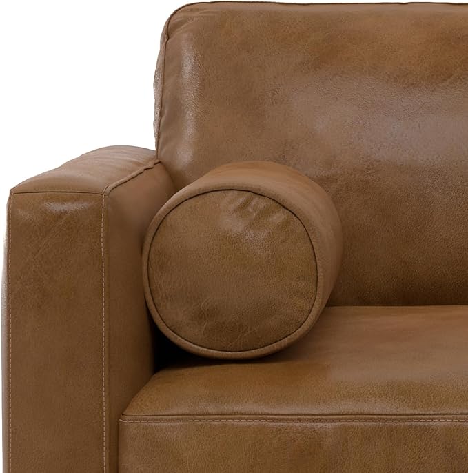 SIMPLIHOME Morrison Arm Chair - 42 inch Wide Upholstered Genuine Leather Mid-Century Modern Accent Chair in Caramel Brown with Solid Wood Legs, Reversible Bolster Pillows and Reclined Back