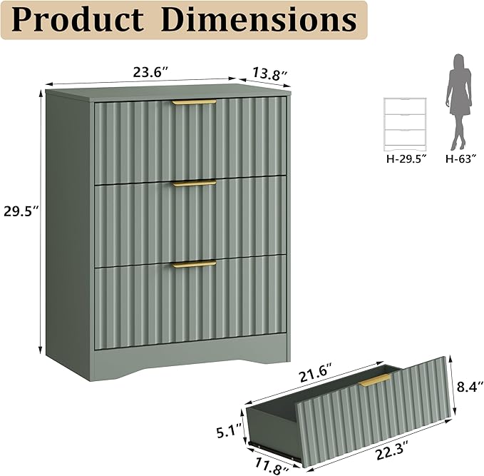 6 Drawer Dresser and Nightstand Sets for Bedroom, Modern Fluted 3 Pcs Bedroom Dresser Furniture Sets, Wood Chest of Drawers and Nightstand Set of 2 with Metal Handles, Green