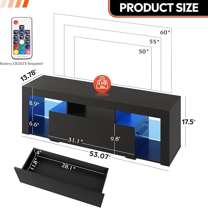WLIVE TV Stand with LED Lights & 2 Large Storage Drawers, Modern Entertainment Center for 32/43/50/55/60 Inchs TVs, Sturdy TV Console for Living Room, Bedroom(Black) - Image 4
