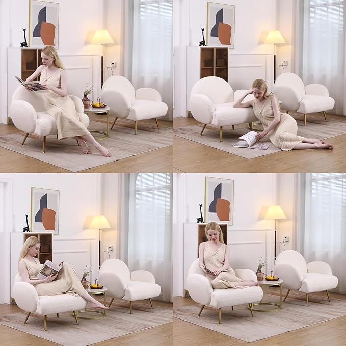 Accent Chair White with Golden Metal Legs,Reading Chair for Bedroom Comfy, Boucle Sherpa Chair for Living Room, Bedroom