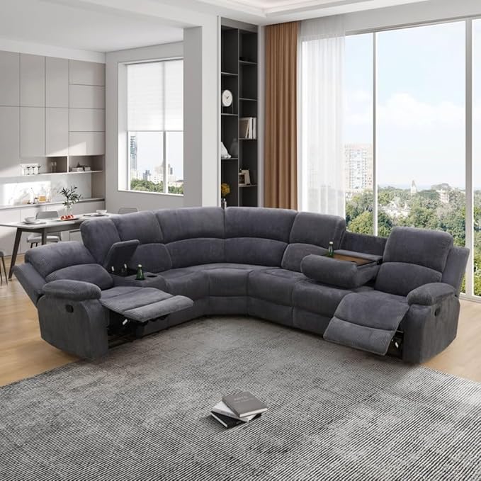 Reclining Sectional Sofa Set, L Shaped Recliner Couch with Cup Holder and Storage Console for Home Theater & Living Room, Dark Gray