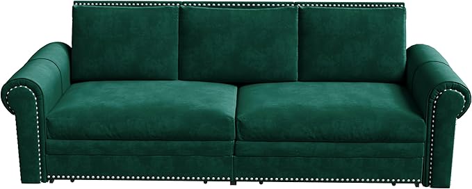 Ball & Cast 3-in-1 Convertible Sofa Bed,93.7" Velvet Pull Out Couch Bed King Size, Loveseat Sleeper Sofa with Nailhead Trim & Rolled Arm,Multi-Functional Sofa Couches for Living Room,Green