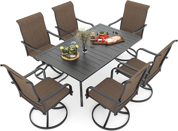 Anmutig 7-Piece Outdoor Dining Set, 6 Swivel Chairs＆63‘’ Rectangular Table All Weather Frame Furniture Set - Brown Style2 by Anmutig