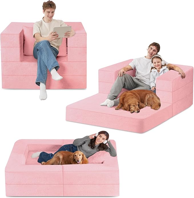 Futon Sofa Bed with Pillow, 3-in-1 Sleeper Sofa Bed with Removable Cover, Convertible Floor Sofa Bed, No Assembly Boneless Couch for Living Room, Bedroom