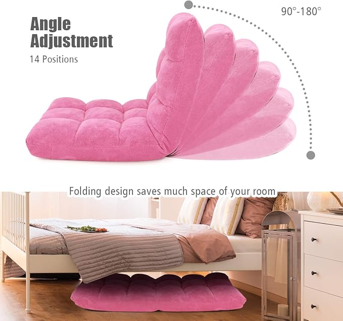 FANTASK 14-Position Sofa, Folding Memory Foam Floor Chair w/Comfy Cushions & Study Steel Frame, Angle Adjustable Floor Couch Sofa for Reading, Game, Meditating (Pink)