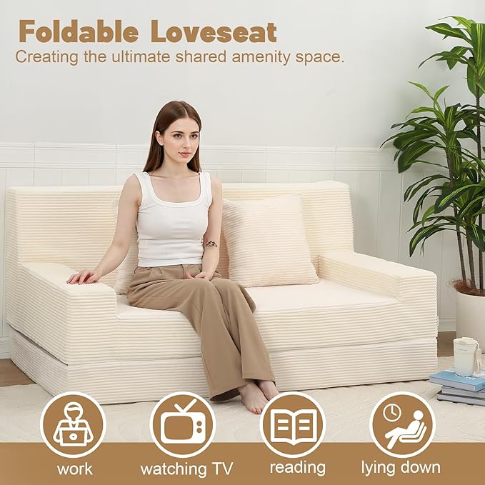 MeMoreCool Boneless Folding Queen Sofa Bed – Corduroy Convertible Futon Sleeper Couch with Foam Core & Pillow, Washable Cover, Space-Saving Floor Sofa for Living Room, Guest Bedroom, Apartment