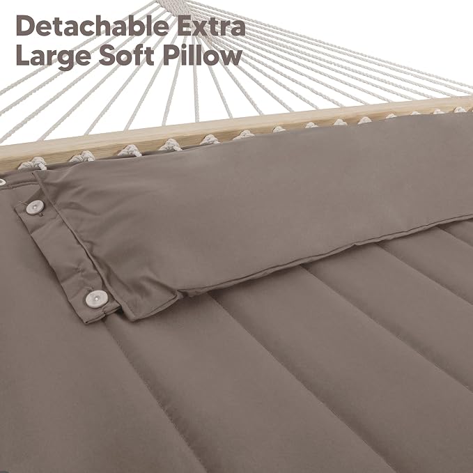 SUNCREAT 55 Inch Extra Large Double Hammock with 12 ft Stand, 475lbs Capacity, Outdoor Portable Hammock with Hardwood Spreader Bar, Extra Large Pillow, Brown - Image 4