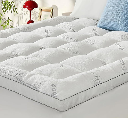 Memory Foam Mattress Topper - Viscose Made from Bamboo Pillow Top Thick Queen Size Mattress Pad for Back Pain, Ultra Soft & Cooling for Hot Sleepers, 6-18'' Deep Pocket, White