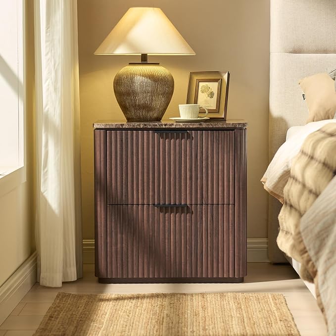 Fluted Nightstand Set of 2, 23" W Night Stand with 2 Drawers, Wood Bed Side Table with Faux Marble-Top, Curved Corner, Metal Handle, Modern Bedside Table for Bedroom, Living Room, Office, Dark Oak - Image 7