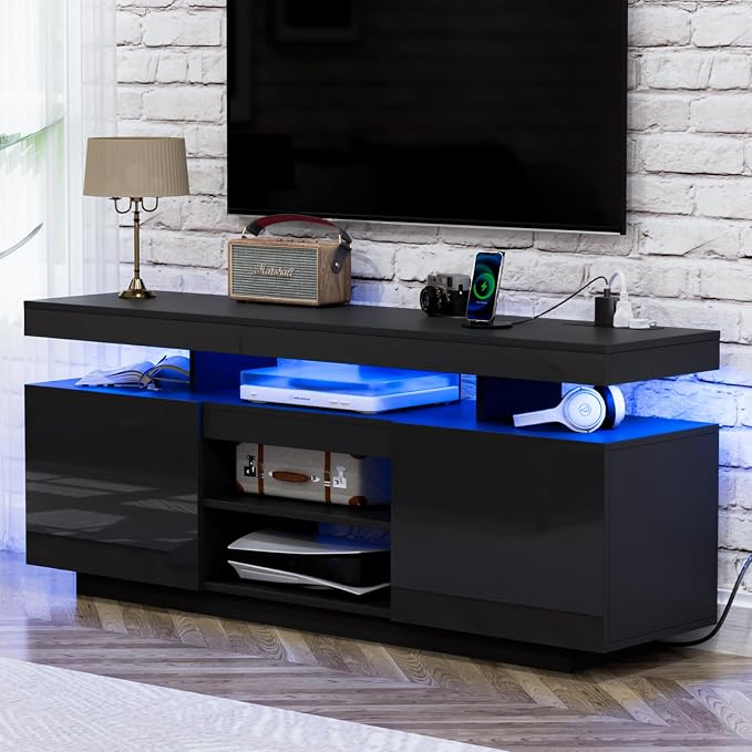 HOMMPA LED TV Stand for 65/60/55 inch TV Modern Entertainment Center with Power Outlets, Gaming TV Consoles with Storage Media Table with LED Lights Game Cabinet for Living Room Black by Hommpa