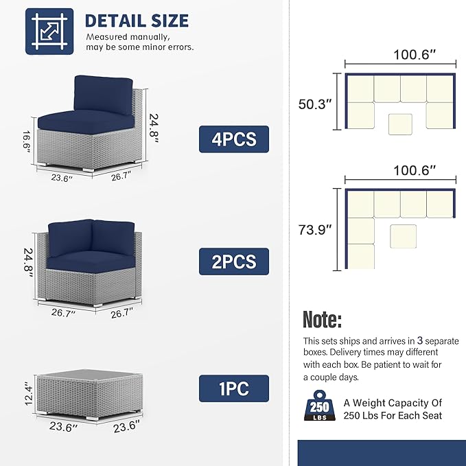 SUNCROWN Outdoor Patio Furniture Set 7 Piece Outdoor Sectional Sofa Grey Wicker Conversation Sofa Set with Coffee Table, Cushions and A Waterproof Cover -Dark Blue