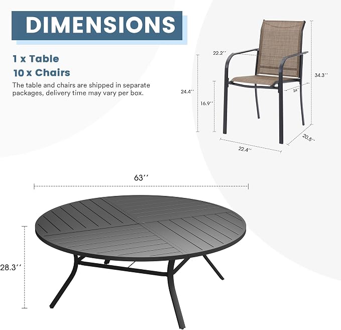 DIFY 11 Pieces Outdoor Patio Dining Set for 10, 63" Black Round Metal Patio Table and 10 Brown Stackable Textilene Patio Chairs, Outdoor Table and Chairs for Backyard Garden Poolside - Image 8