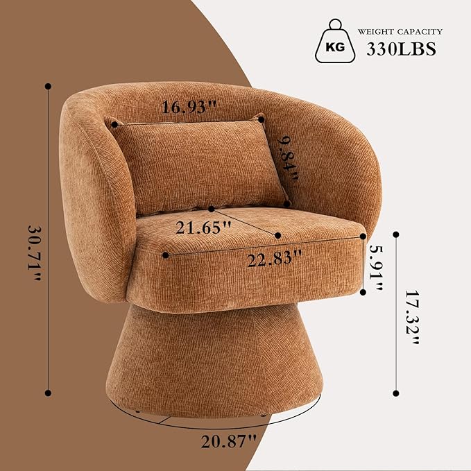 360° Swivel Accent Chair, Modern Velvet Barrel Chair with Arms and Pillow, Upholstered Single Sofa for Living Room, Bedroom, Office, Orange