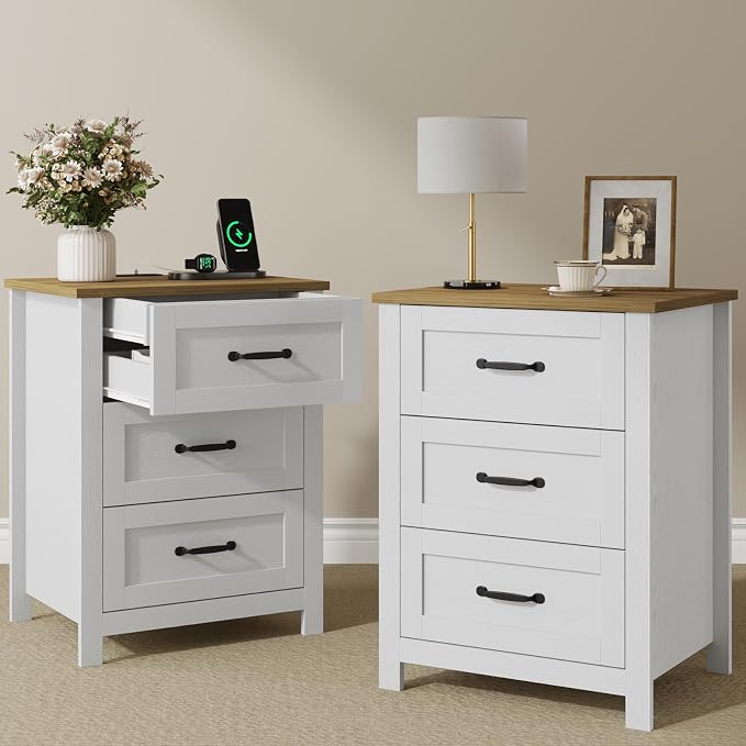 Farmhouse Nightstand Set of 2 with Charging Station and Hidden Drawer, 26" H Bedside Table with 4 Drawers, Night Stand for Bedroom, Home Office, White by Draelibor