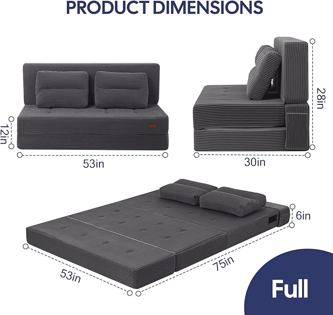 COMAX Folding Sofa Bed, Foldable Couch for Bedroom, Convertible Floor Sleeper Futon Chair Foam, Corduroy 3 in 1 Fold Out Chair Portable Comfy Lounge Couch Sofa Bed for Small Space, Full, Grey