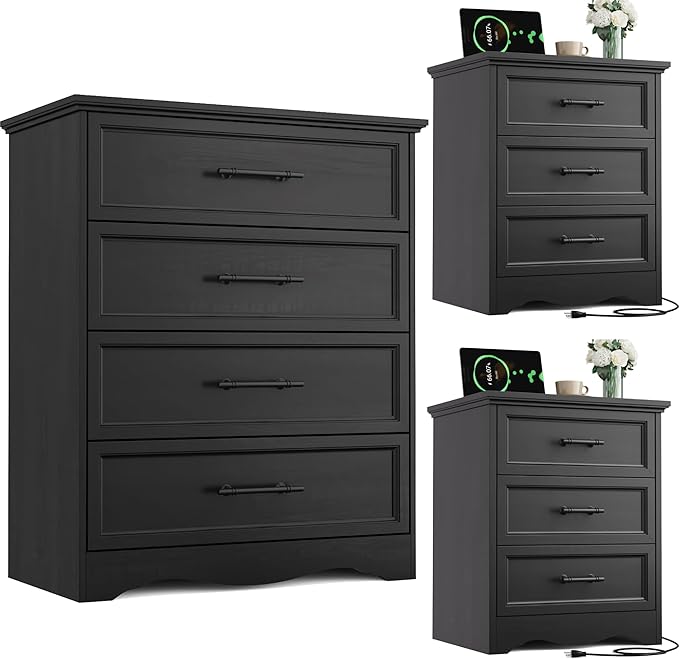 Bedroom Set, 3 Pieces Bedroom Furniture Set, Wood 4 Drawer Dresser and 3 Drawers Nightstands with Charging Station, Farmhouse Storage Organizer Cabinet for Bedroom, Black