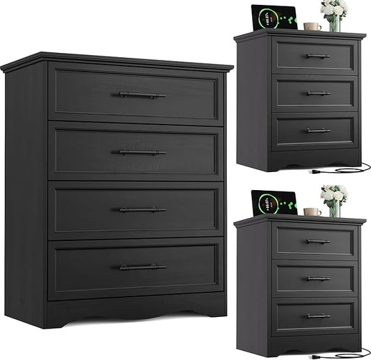 Bedroom Set, 3 Pieces Bedroom Furniture Set, Wood 4 Drawer Dresser and 3 Drawers Nightstands with Charging Station, Farmhouse Storage Organizer Cabinet for Bedroom, Black