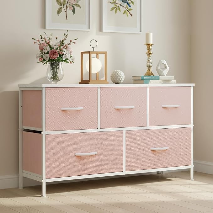 OLIXIS Dresser for Bedroom with 5 Drawers, Wide Chest of Drawers, Fabric Bedroom Dresser with Drawer Organizer, Storage Organizer Unit with Fabric Bins for Closet, Living Room, Hallway, Pink - Image 2